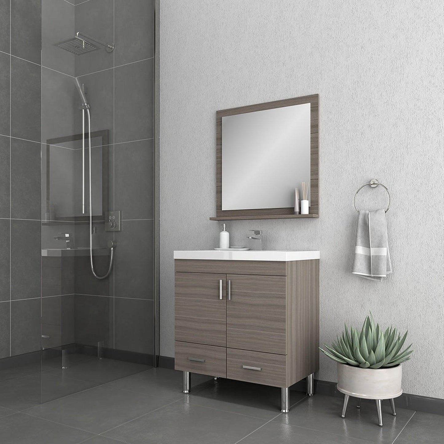 Alya Bath Ripley 30" Single Gray Modern Freestanding Bathroom Vanity With Integrated Acrylic Top, Acrylic Sink and Wall Mounted Mirror