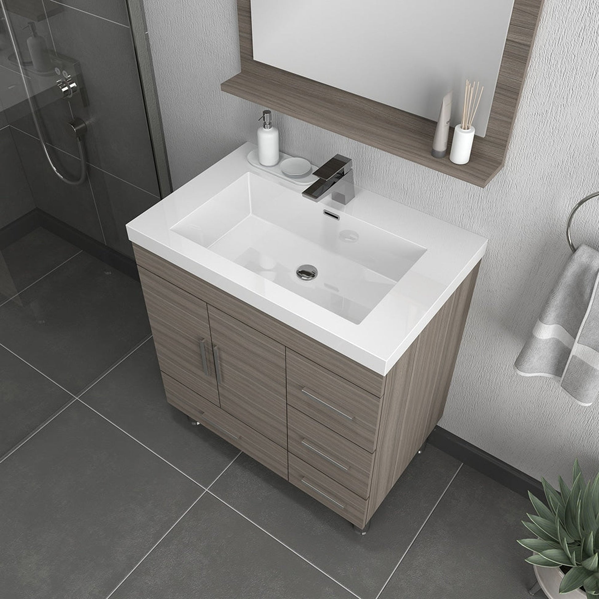 Alya Bath Ripley 30" Single Gray Modern Freestanding Bathroom Vanity With drawers, Integrated Acrylic Top, Acrylic Sink and Wall Mounted Mirror