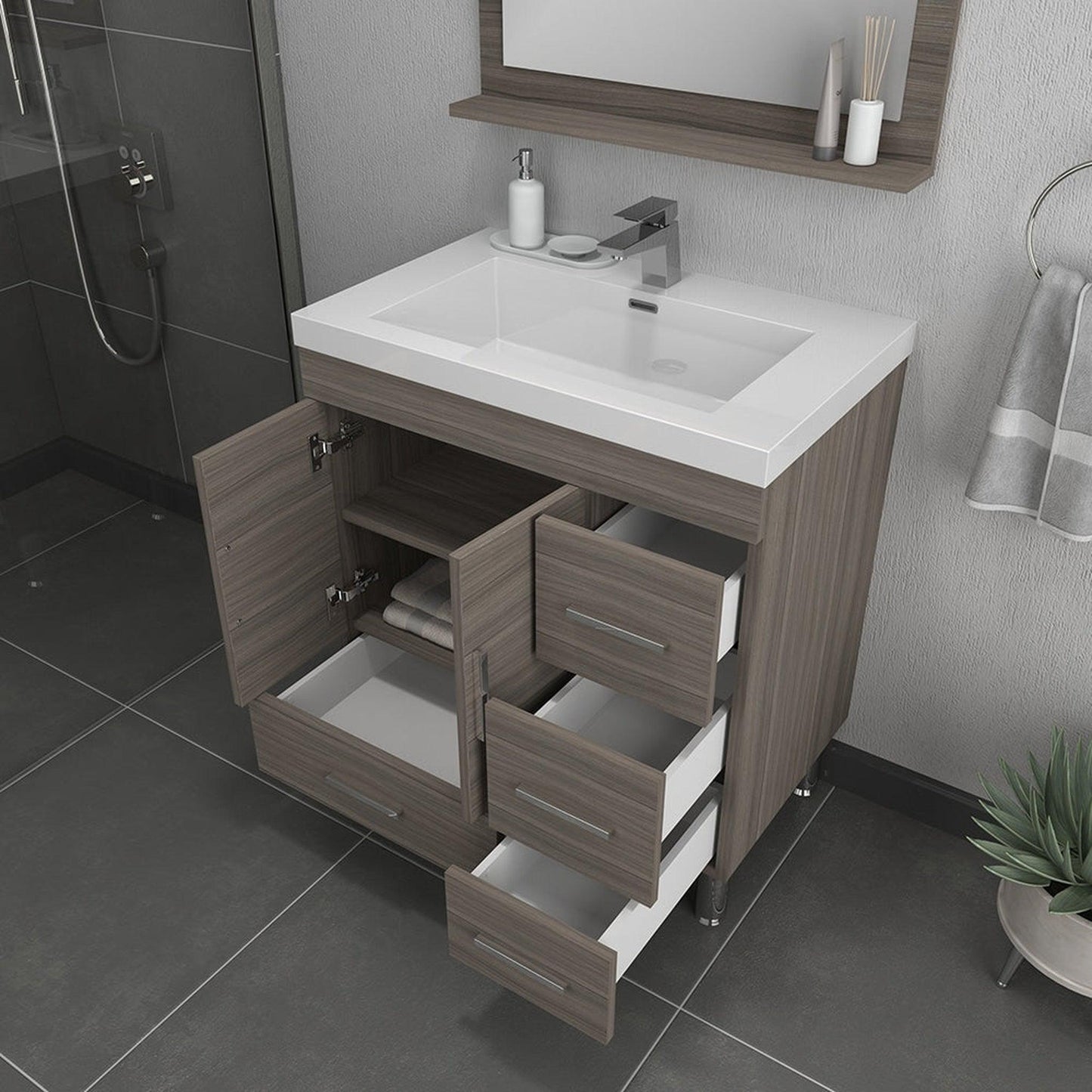 Alya Bath Ripley 30" Single Gray Modern Freestanding Bathroom Vanity With drawers, Integrated Acrylic Top, Acrylic Sink and Wall Mounted Mirror