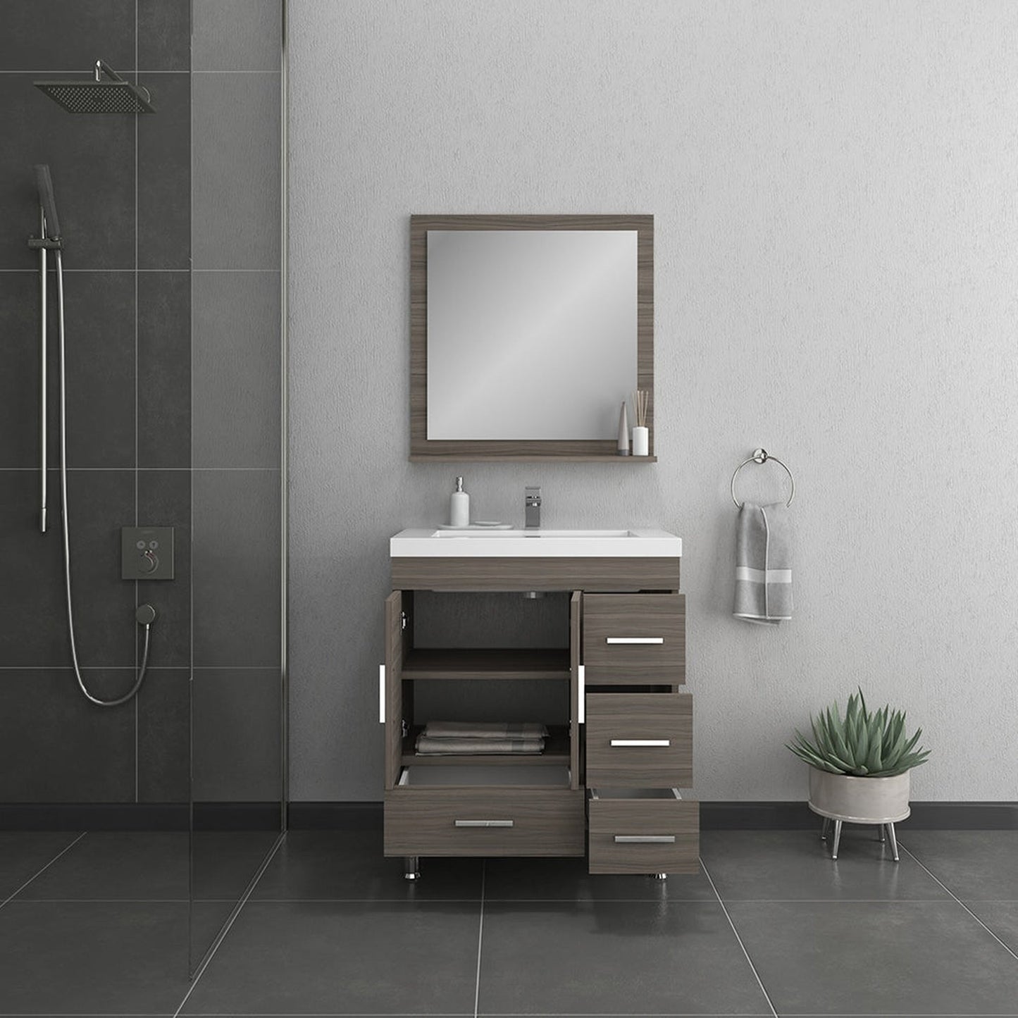 Alya Bath Ripley 30" Single Gray Modern Freestanding Bathroom Vanity With drawers, Integrated Acrylic Top, Acrylic Sink and Wall Mounted Mirror
