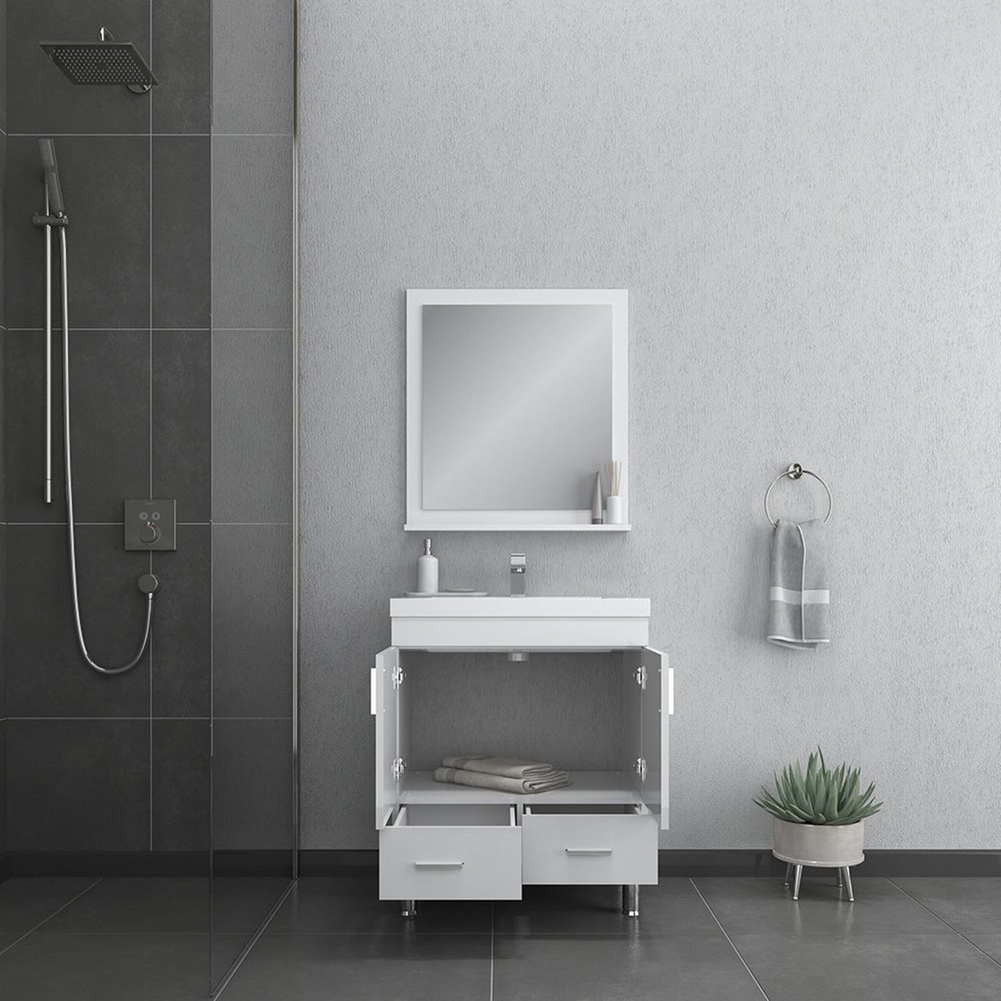 Alya Bath Ripley 30" Single White Modern Freestanding Bathroom Vanity With Integrated Acrylic Top, Acrylic Sink and Wall Mounted Mirror