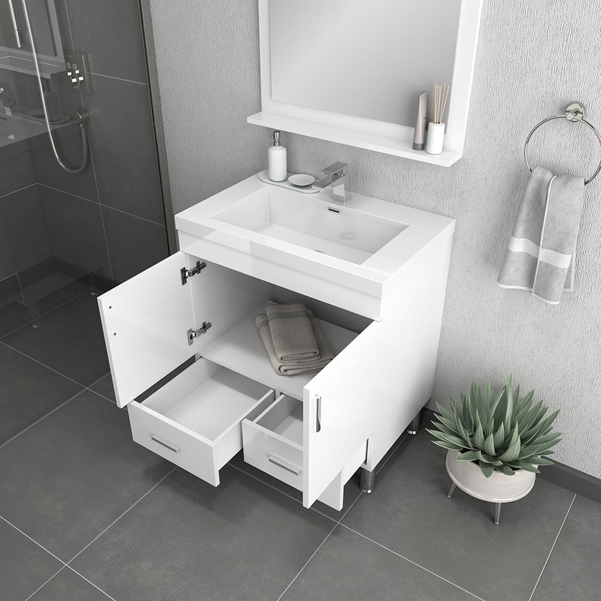 Alya Bath Ripley 30" Single White Modern Freestanding Bathroom Vanity With Integrated Acrylic Top, Acrylic Sink and Wall Mounted Mirror