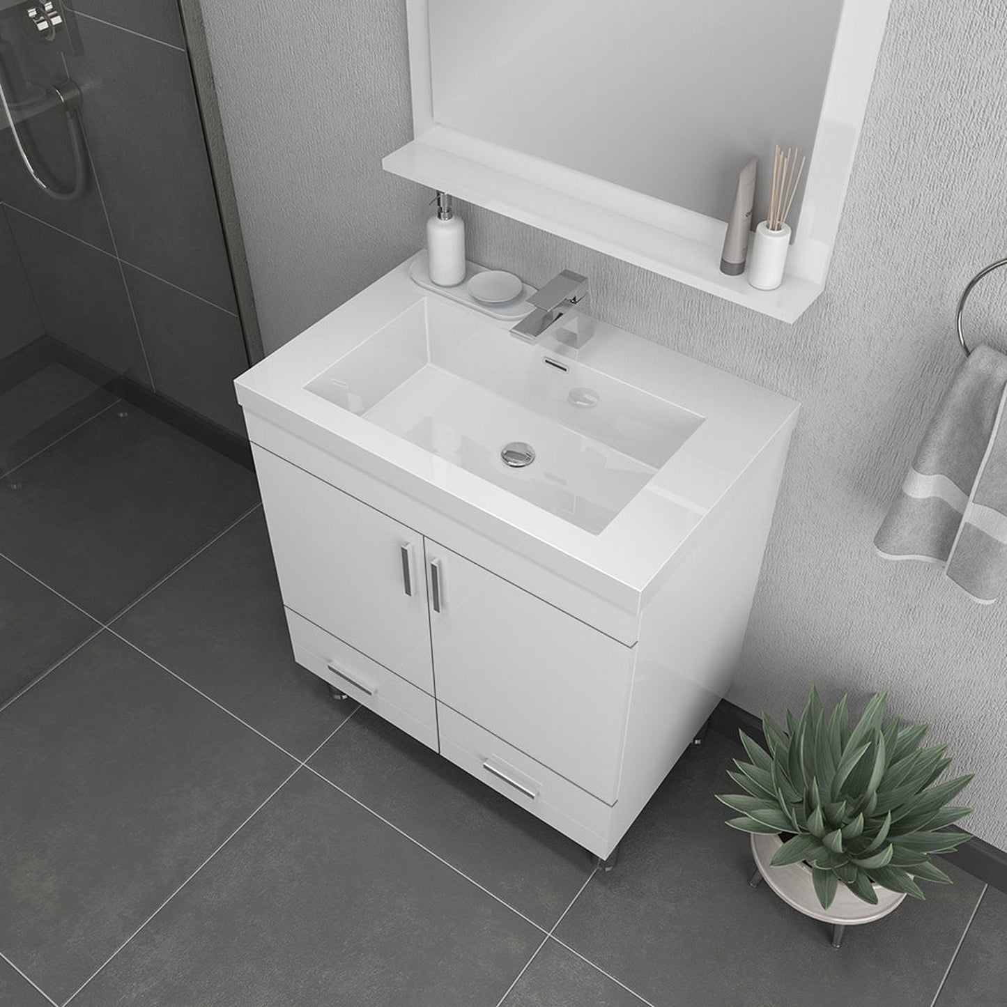 Alya Bath Ripley 30" Single White Modern Freestanding Bathroom Vanity With Integrated Acrylic Top, Acrylic Sink and Wall Mounted Mirror