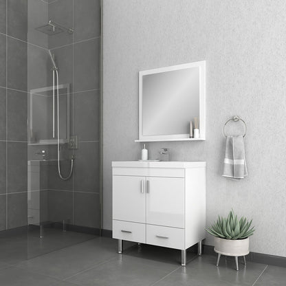 Alya Bath Ripley 30" Single White Modern Freestanding Bathroom Vanity With Integrated Acrylic Top, Acrylic Sink and Wall Mounted Mirror