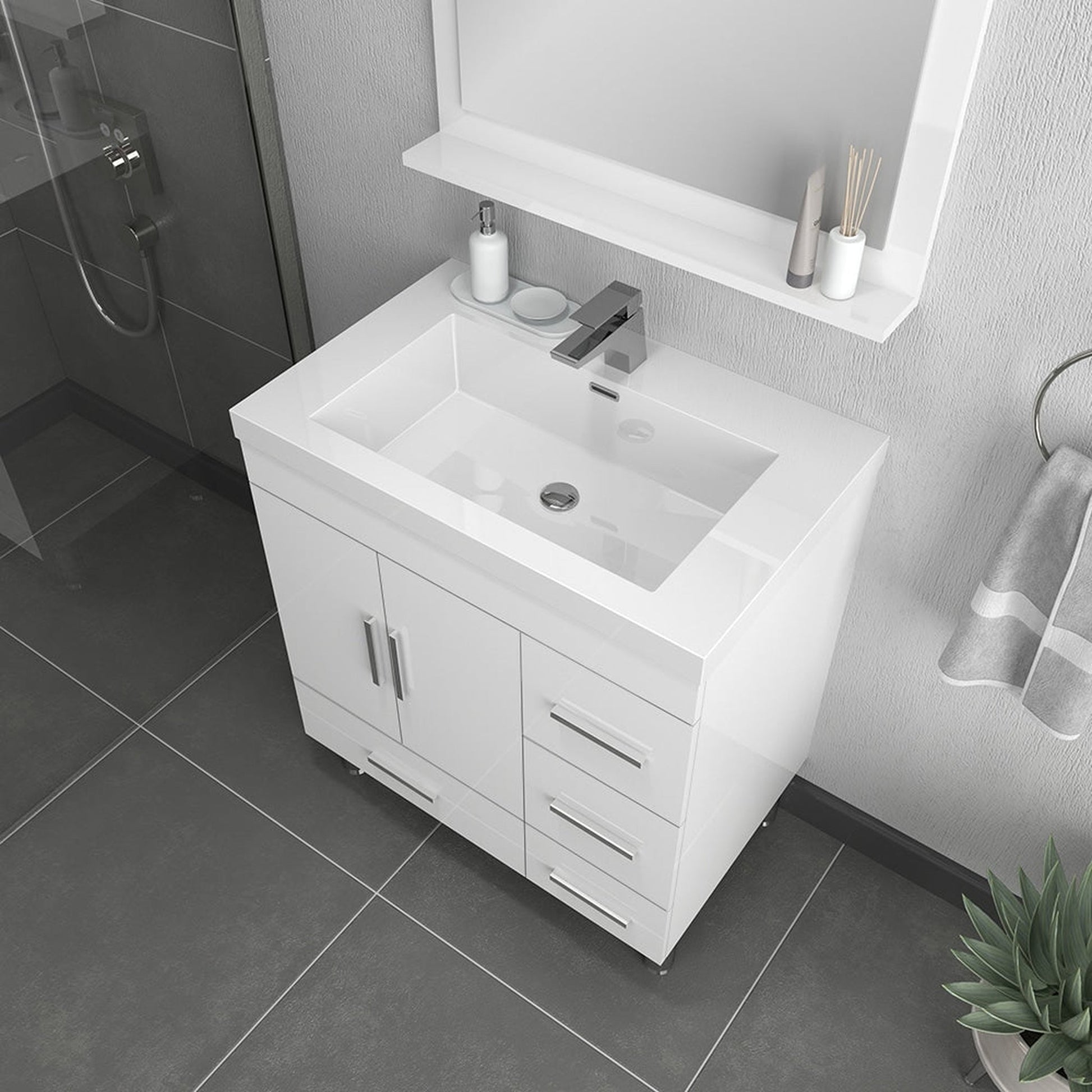 Alya Bath Ripley 30" Single White Modern Freestanding Bathroom Vanity With drawers, Integrated Acrylic Top, Acrylic Sink and Wall Mounted Mirror