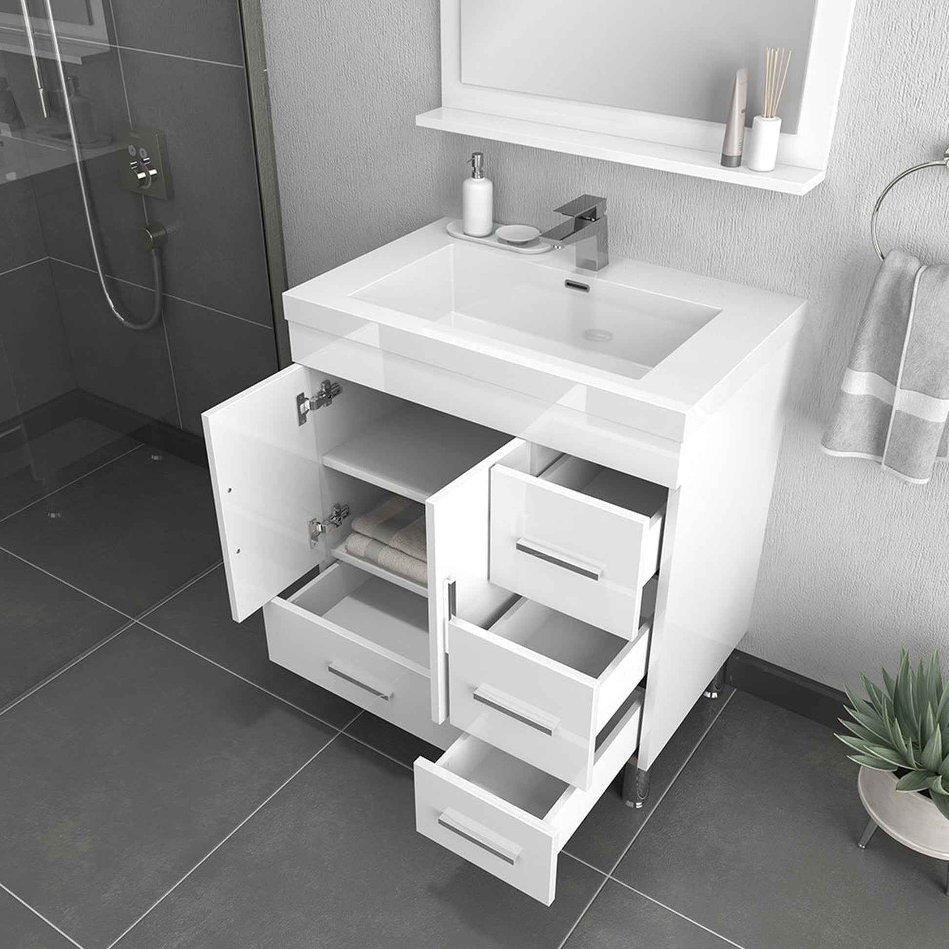 Alya Bath Ripley 30" Single White Modern Freestanding Bathroom Vanity With drawers, Integrated Acrylic Top, Acrylic Sink and Wall Mounted Mirror