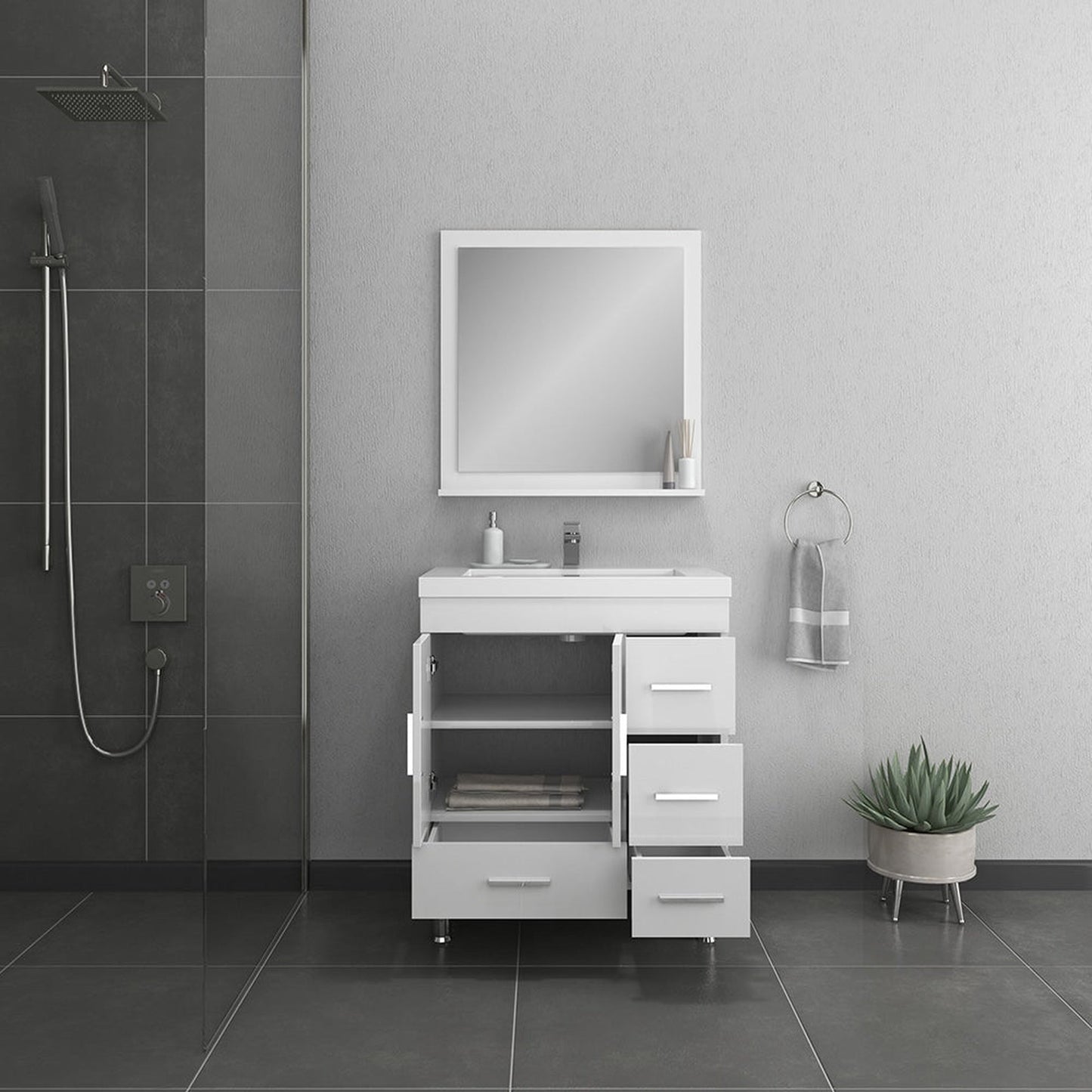 Alya Bath Ripley 30" Single White Modern Freestanding Bathroom Vanity With drawers, Integrated Acrylic Top, Acrylic Sink and Wall Mounted Mirror