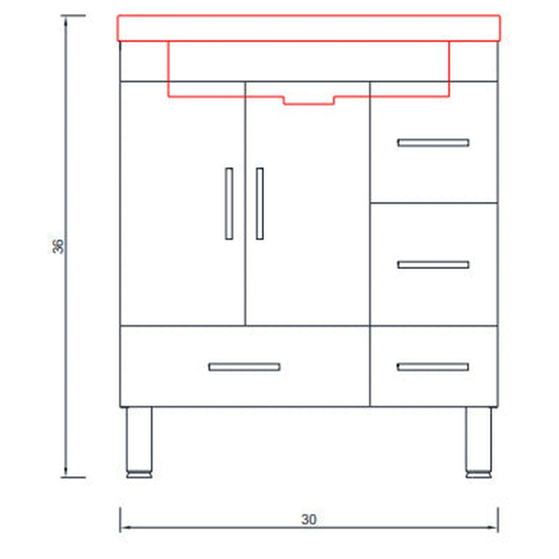 Alya Bath Ripley 30" Single White Modern Freestanding Bathroom Vanity With drawers, Integrated Acrylic Top, Acrylic Sink and Wall Mounted Mirror