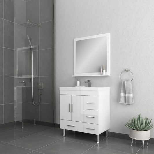 Alya Bath Ripley 30" Single White Modern Freestanding Bathroom Vanity With drawers, Integrated Acrylic Top, Acrylic Sink and Wall Mounted Mirror
