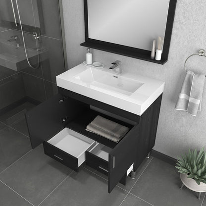 Alya Bath Ripley 36" Single Black Modern Freestanding Bathroom Vanity With Integrated Acrylic Top, Acrylic Sink and Wall Mounted Mirror