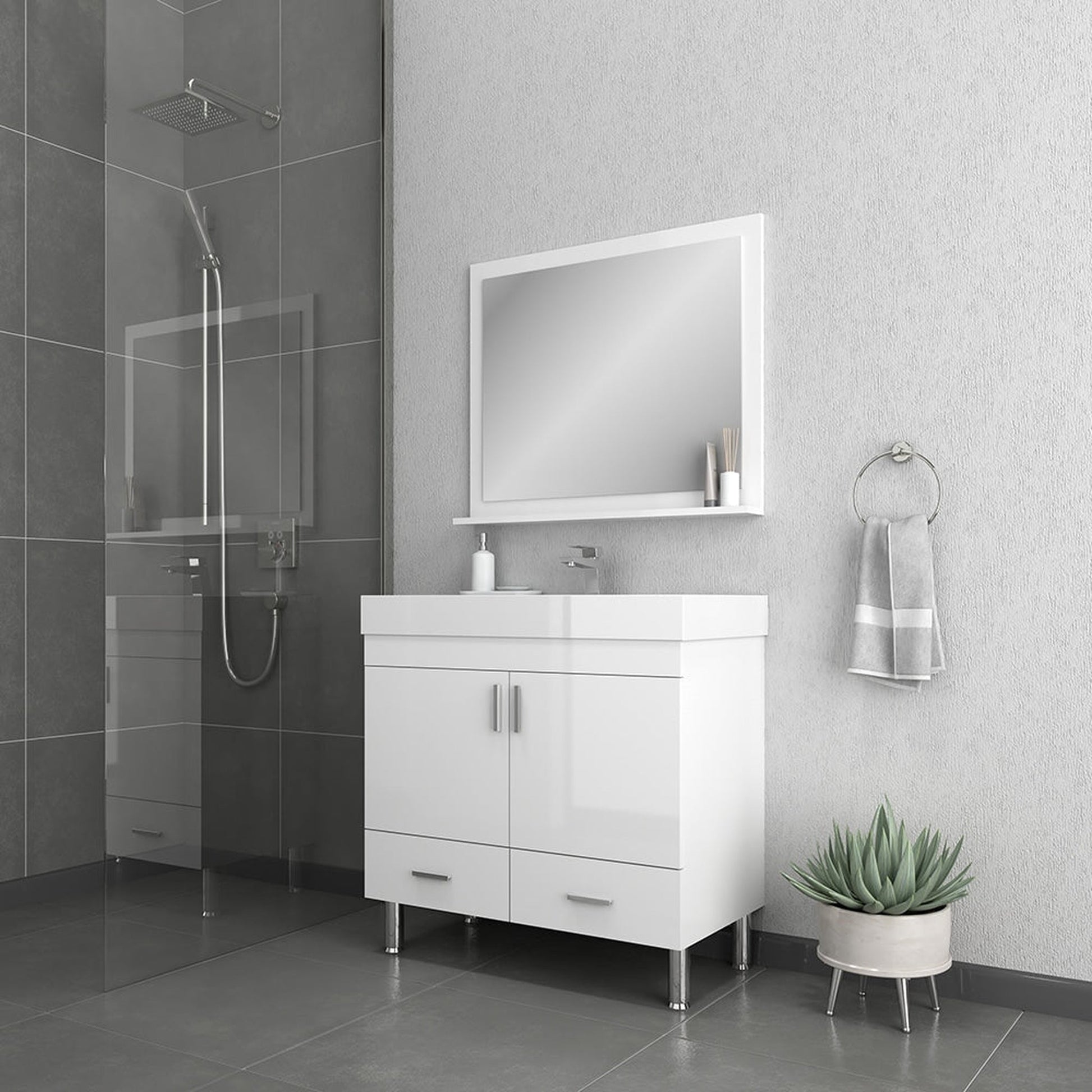 Alya Bath Ripley 36" Single White Modern Modern Freestanding Bathroom Vanity With Integrated Acrylic Top, Acrylic Sink and Wall Mounted Mirror