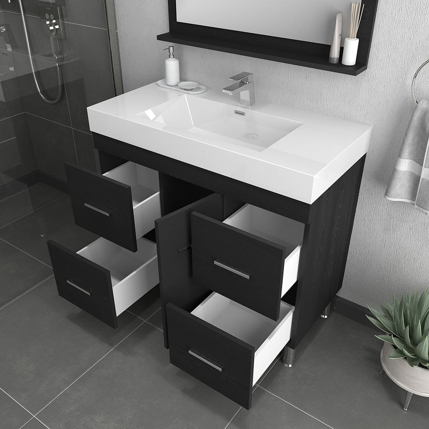 Alya Bath Ripley 39" Single Black Modern Freestanding Bathroom Vanity With Integrated Acrylic Top, Acrylic Sink and Wall Mounted Mirror