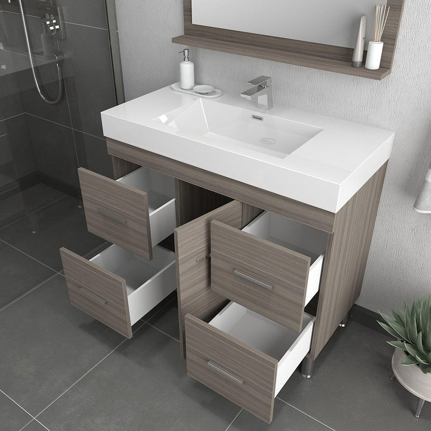 Alya Bath Ripley 39" Single Gray Modern Freestanding Bathroom Vanity With Integrated Acrylic Top, Acrylic Sink and Wall Mounted Mirror