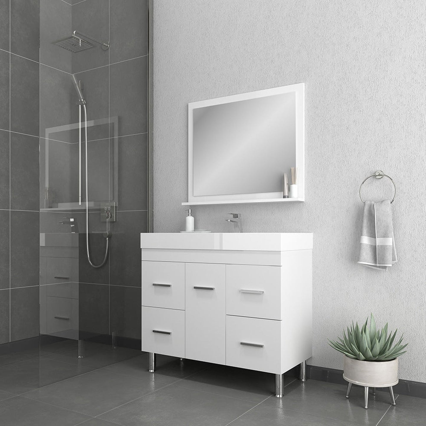 Alya Bath Ripley 39" Single White Modern Freestanding Bathroom Vanity With Integrated Acrylic Top, Acrylic Sink and Wall Mounted Mirror