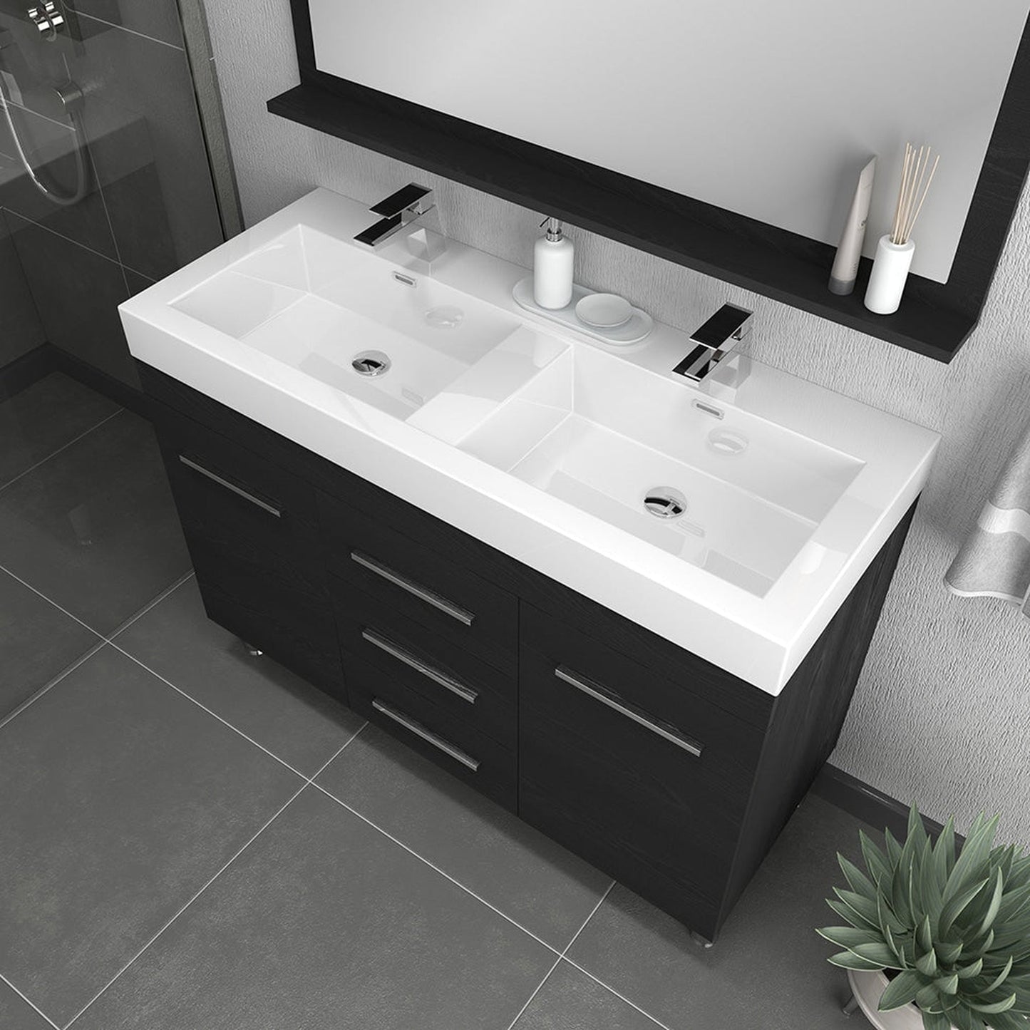 Alya Bath Ripley 48" Double Black Modern Freestanding Bathroom Vanity With Integrated Acrylic Top, Acrylic Sink and Wall Mounted Mirror