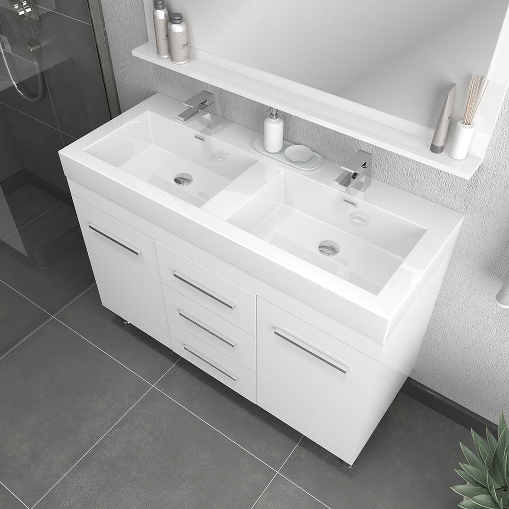 Alya Bath Ripley 48" Double White Modern Freestanding Bathroom Vanity With Integrated Acrylic Top, Acrylic Sink and Wall Mounted Mirror