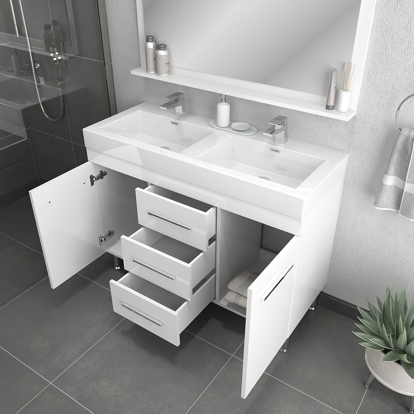 Alya Bath Ripley 48" Double White Modern Freestanding Bathroom Vanity With Integrated Acrylic Top, Acrylic Sink and Wall Mounted Mirror