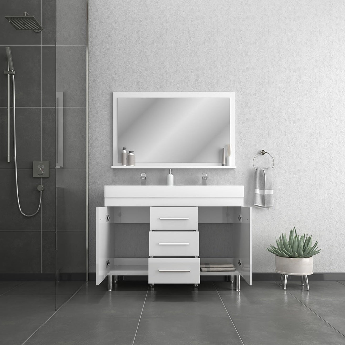 Alya Bath Ripley 48" Double White Modern Freestanding Bathroom Vanity With Integrated Acrylic Top, Acrylic Sink and Wall Mounted Mirror