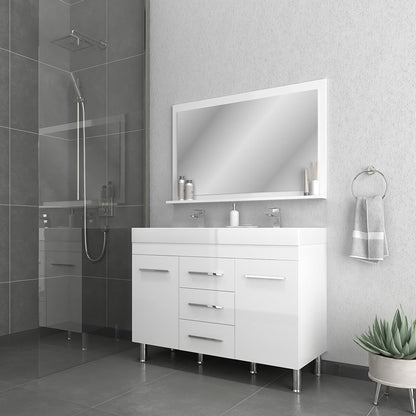 Alya Bath Ripley 48" Double White Modern Freestanding Bathroom Vanity With Integrated Acrylic Top, Acrylic Sink and Wall Mounted Mirror