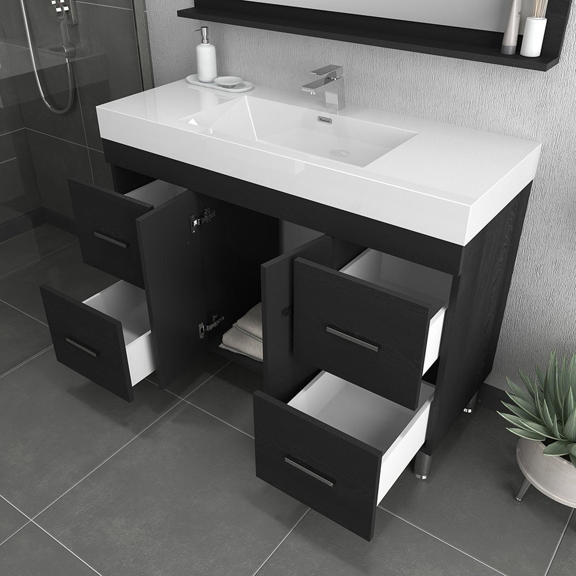 Alya Bath Ripley 48" Single Black Modern Freestanding Bathroom Vanity With Integrated Acrylic Top, Acrylic Sink and Wall Mounted Mirror