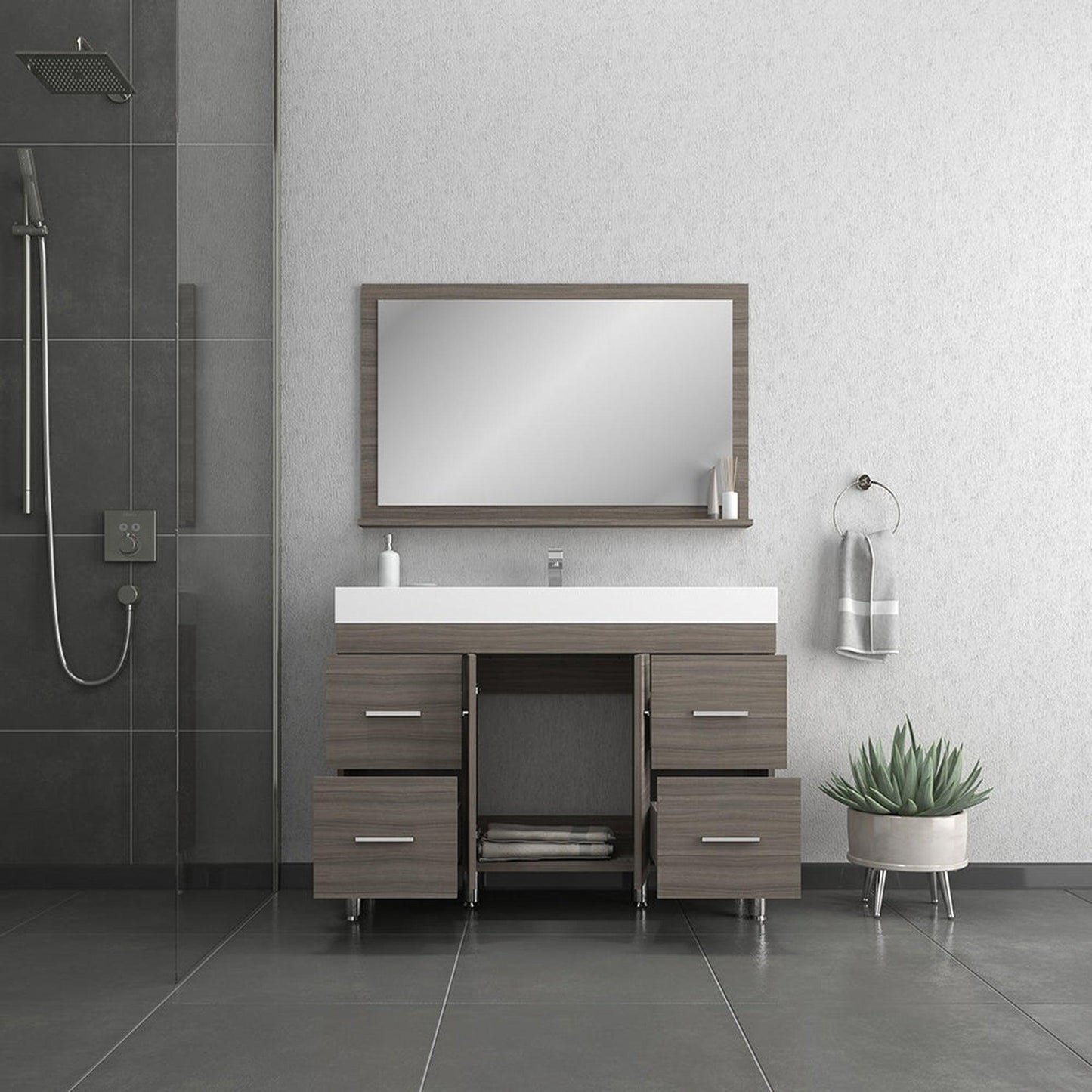 Alya Bath Ripley 48" Single Gray Modern Freestanding Bathroom Vanity With Integrated Acrylic Top, Acrylic Sink and Wall Mounted Mirror