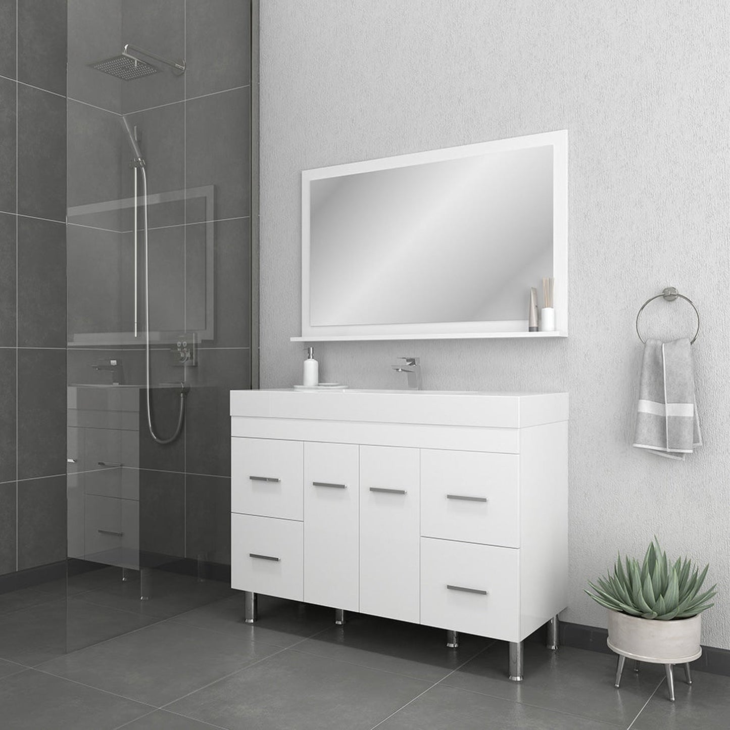 Alya Bath Ripley 48" Single White Modern Freestanding Bathroom Vanity With Integrated Acrylic Top, Acrylic Sink and Wall Mounted Mirror