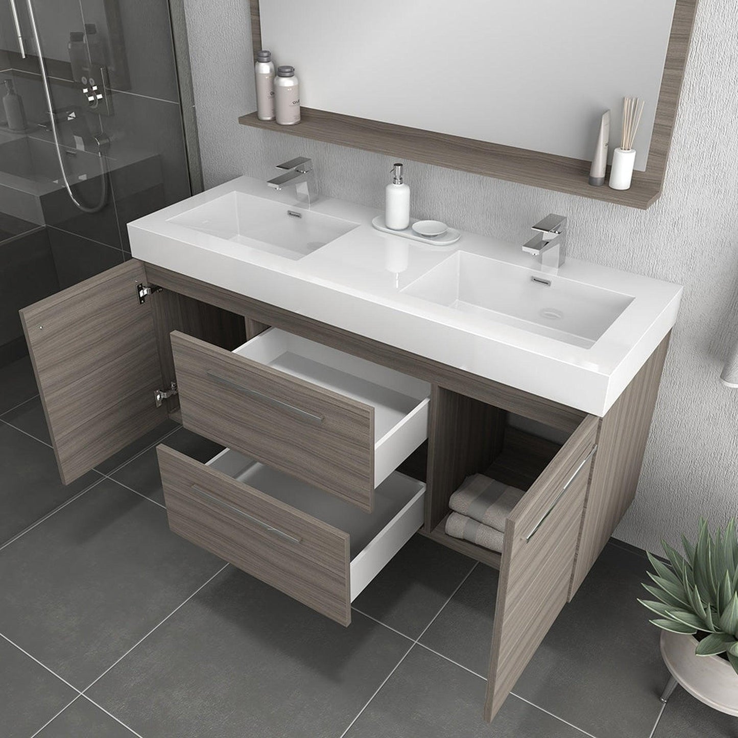 Alya Bath Ripley 54" Double Gray Modern Wall Mounted Bathroom Vanity With Integrated Acrylic Top, Acrylic Sink and Wall Mounted Mirror