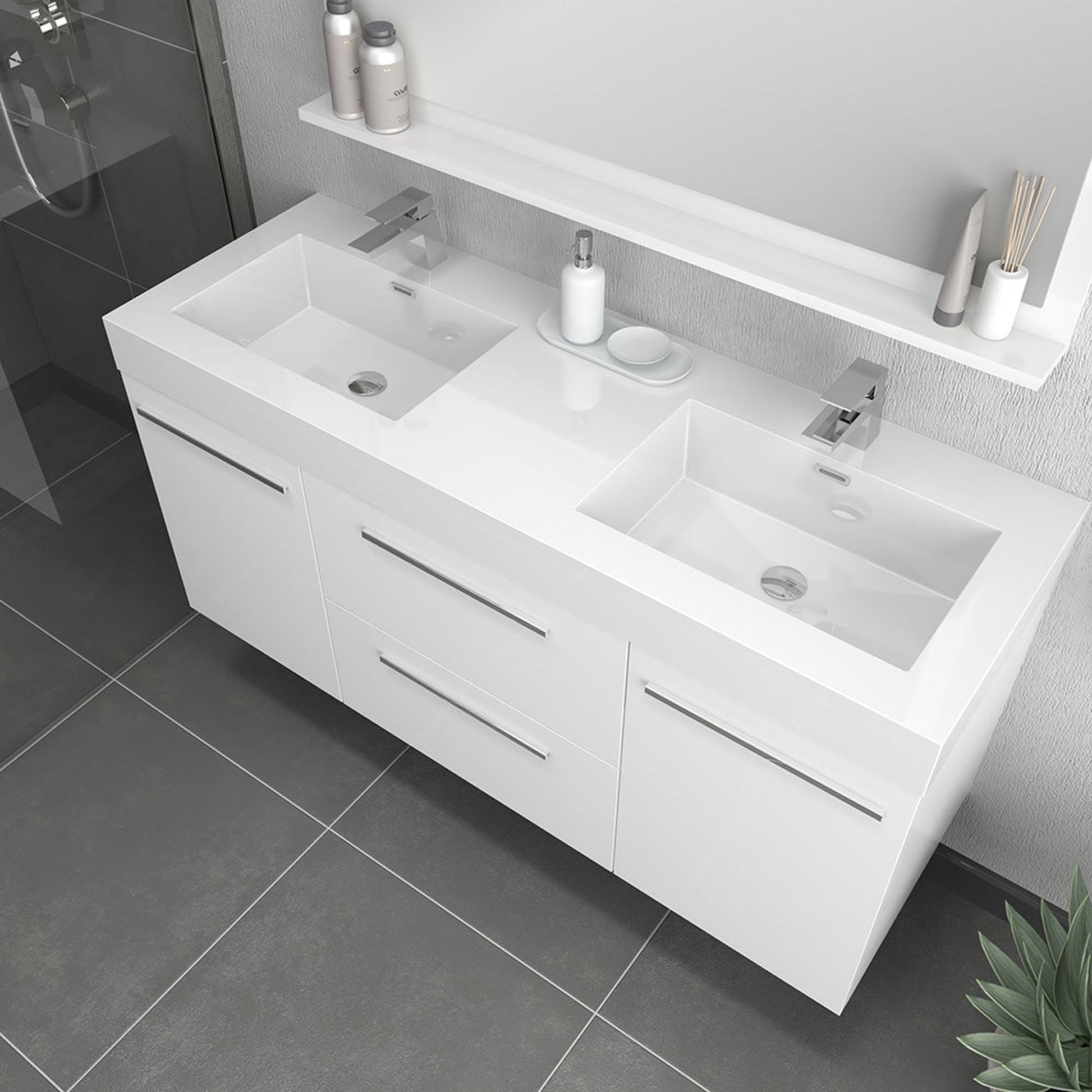 Alya Bath Ripley 54" Double White Modern Wall Mounted Bathroom Vanity With Integrated Acrylic Top, Acrylic Sink and Wall Mounted Mirror