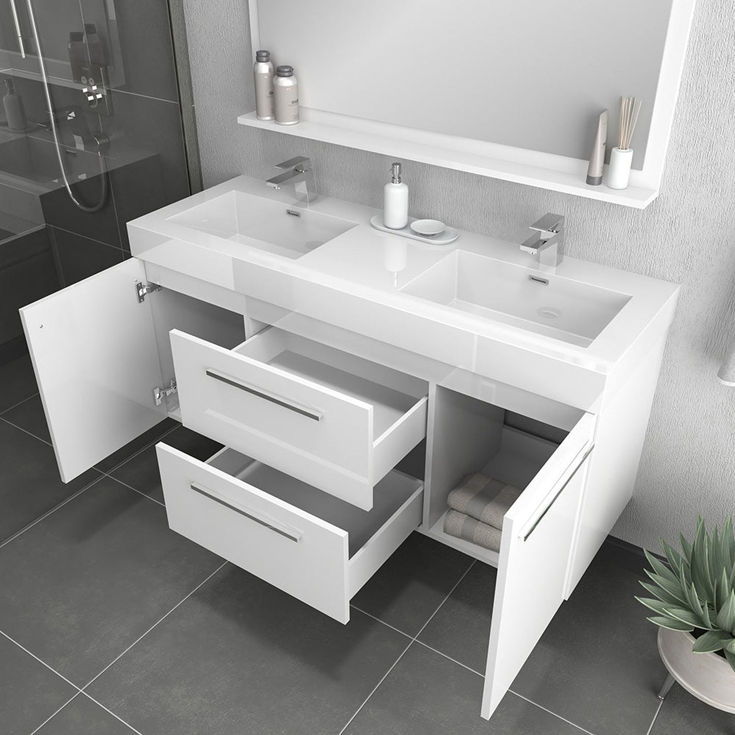 Alya Bath Ripley 54" Double White Modern Wall Mounted Bathroom Vanity With Integrated Acrylic Top, Acrylic Sink and Wall Mounted Mirror