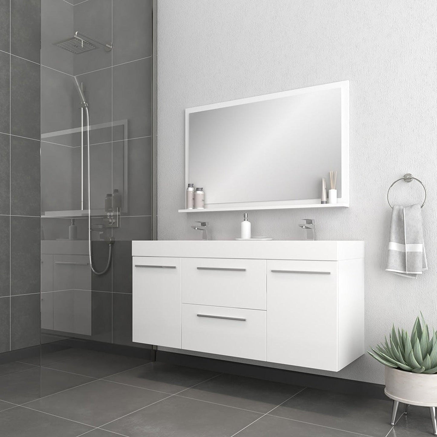 Alya Bath Ripley 54" Double White Modern Wall Mounted Bathroom Vanity With Integrated Acrylic Top, Acrylic Sink and Wall Mounted Mirror