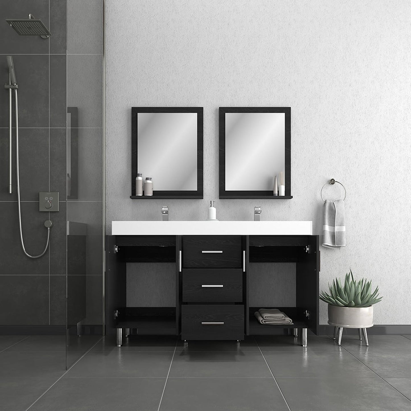 Alya Bath Ripley 56" Double Black Modern Freestanding Bathroom Vanity With Integrated Acrylic Top, Acrylic Sink and Wall Mounted Mirror