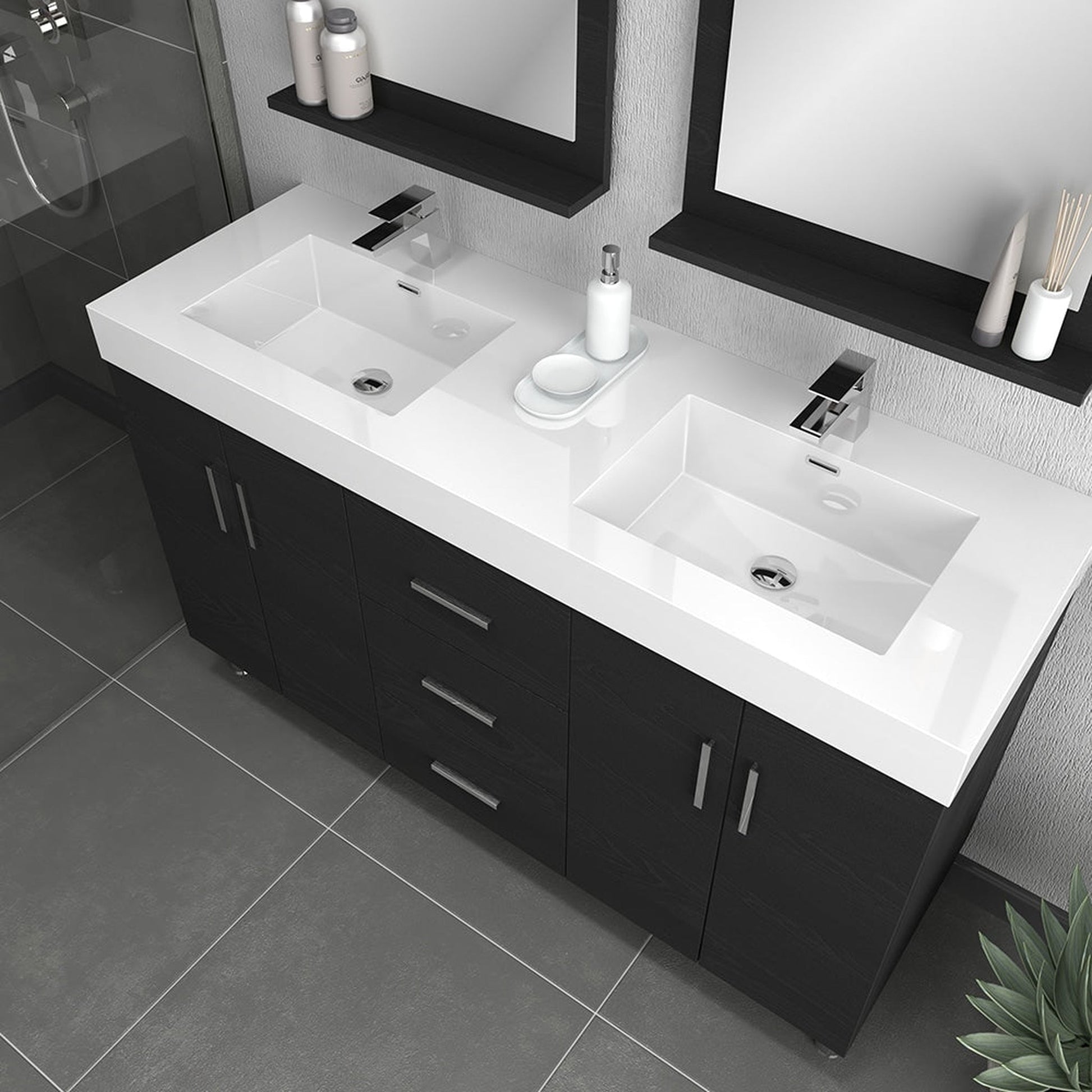 Alya Bath Ripley 56" Double Black Modern Freestanding Bathroom Vanity With Integrated Acrylic Top, Acrylic Sink and Wall Mounted Mirror