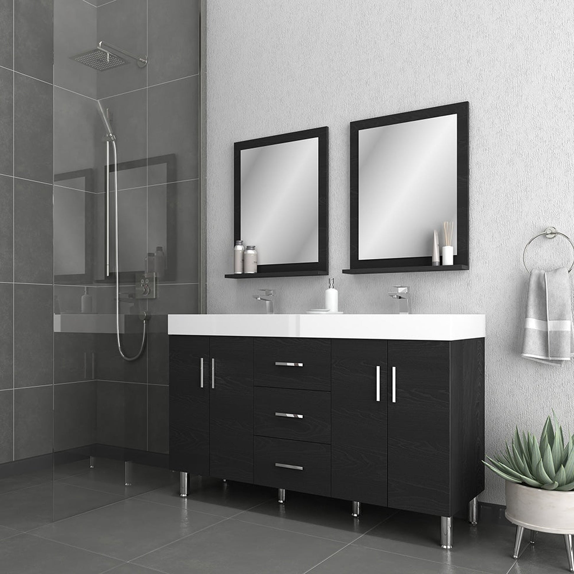 Alya Bath Ripley 56" Double Black Modern Freestanding Bathroom Vanity With Integrated Acrylic Top, Acrylic Sink and Wall Mounted Mirror