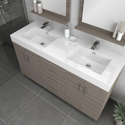 Alya Bath Ripley 56" Double Gray Modern Freestanding Bathroom Vanity With Integrated Acrylic Top, Acrylic Sink and Wall Mounted Mirror