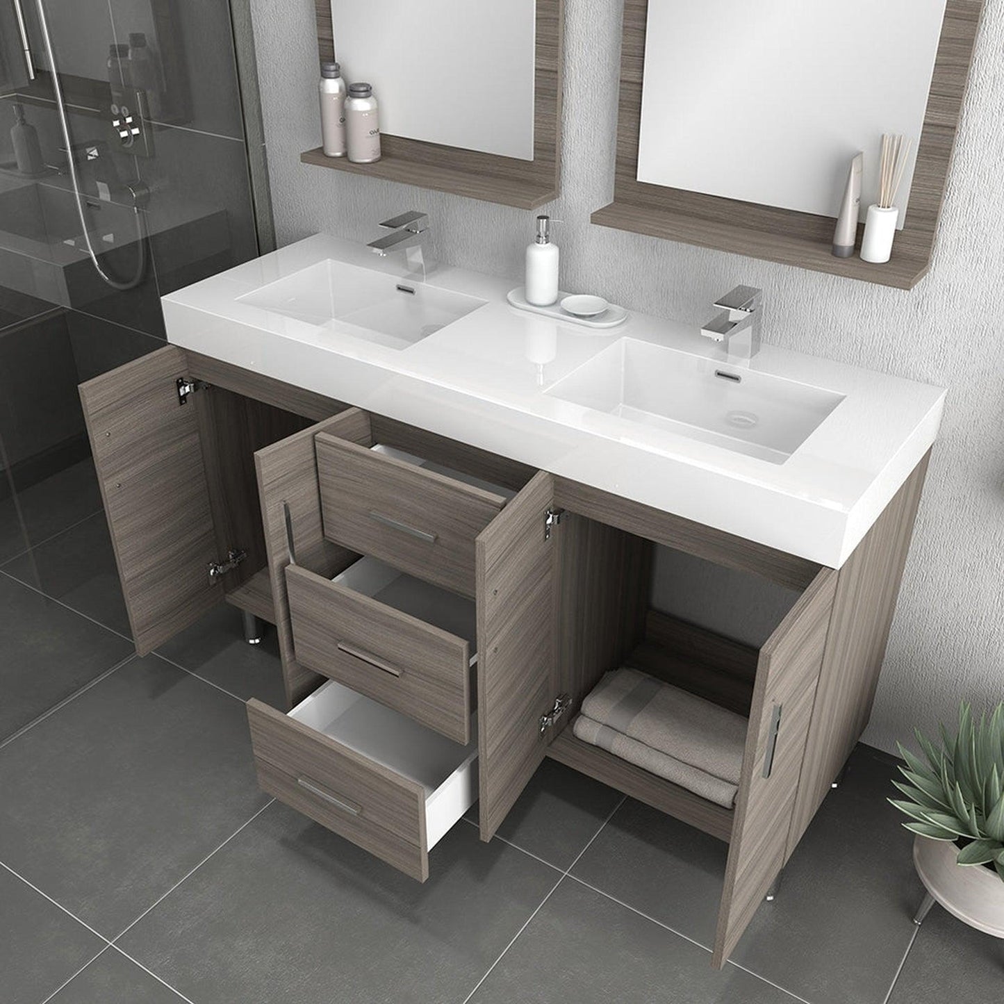 Alya Bath Ripley 56" Double Gray Modern Freestanding Bathroom Vanity With Integrated Acrylic Top, Acrylic Sink and Wall Mounted Mirror