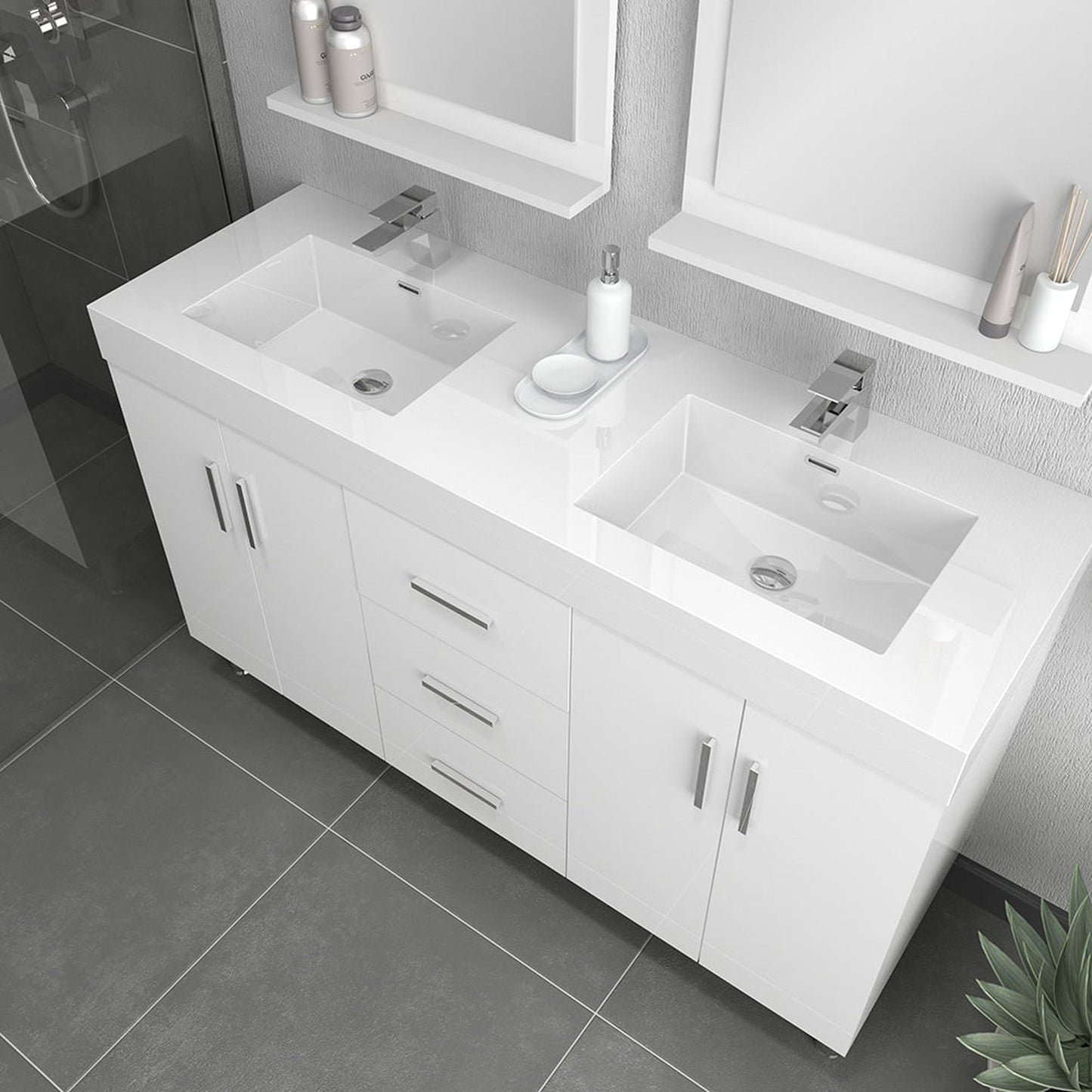 Alya Bath Ripley 56" Double White Modern Freestanding Double Bathroom Vanity With Integrated Acrylic Top, Acrylic Sink and Wall Mounted Mirror