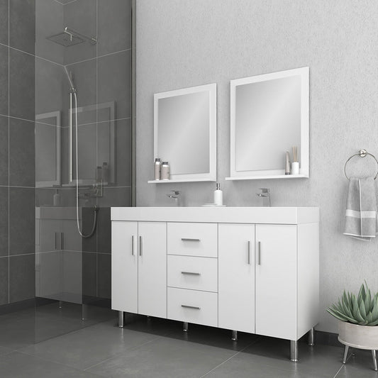 Alya Bath Ripley 56" Double White Modern Freestanding Double Bathroom Vanity With Integrated Acrylic Top, Acrylic Sink and Wall Mounted Mirror