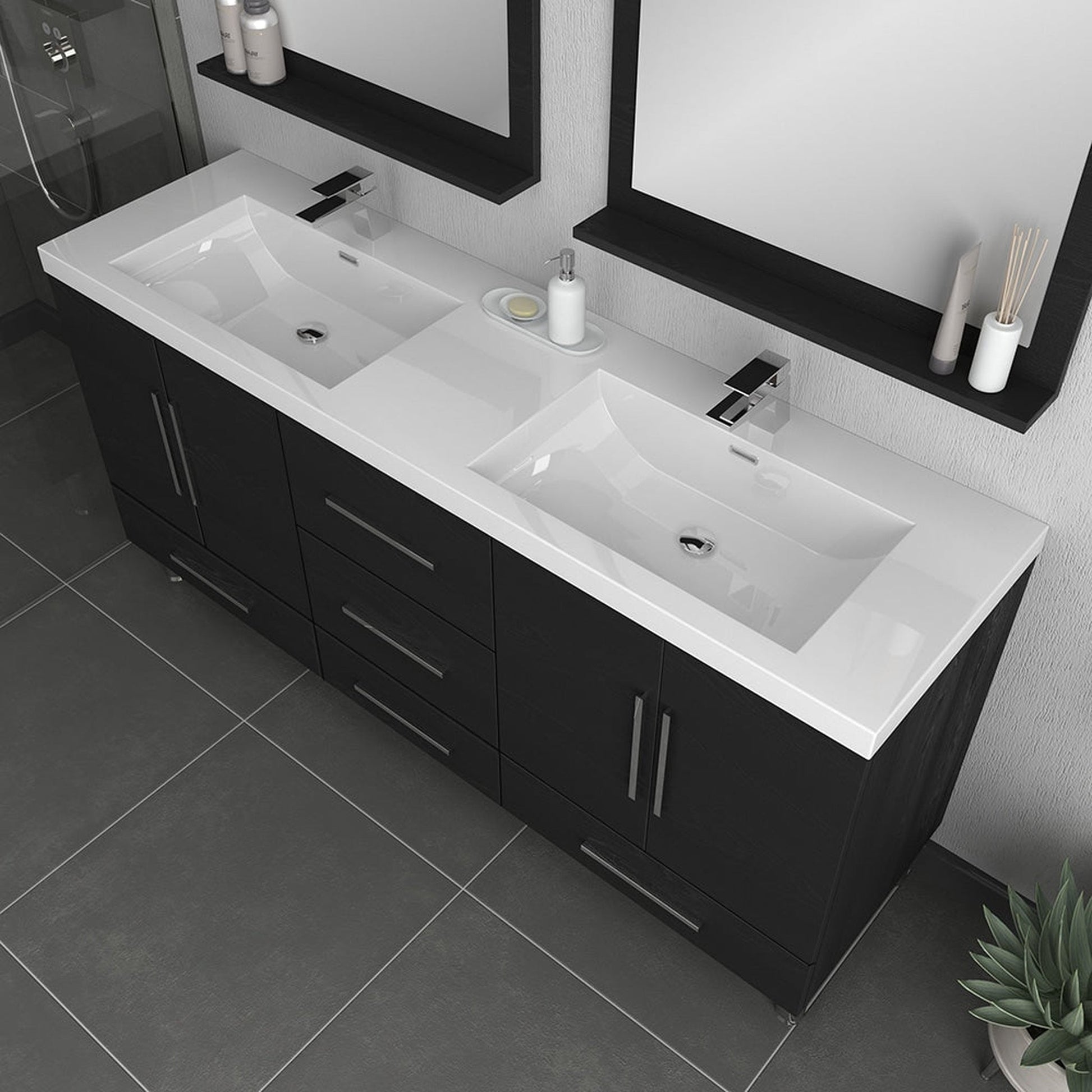 Alya Bath Ripley 67" Double Black Modern Freestanding Bathroom Vanity With Integrated Acrylic Top, Acrylic Sink and Wall Mounted Mirror