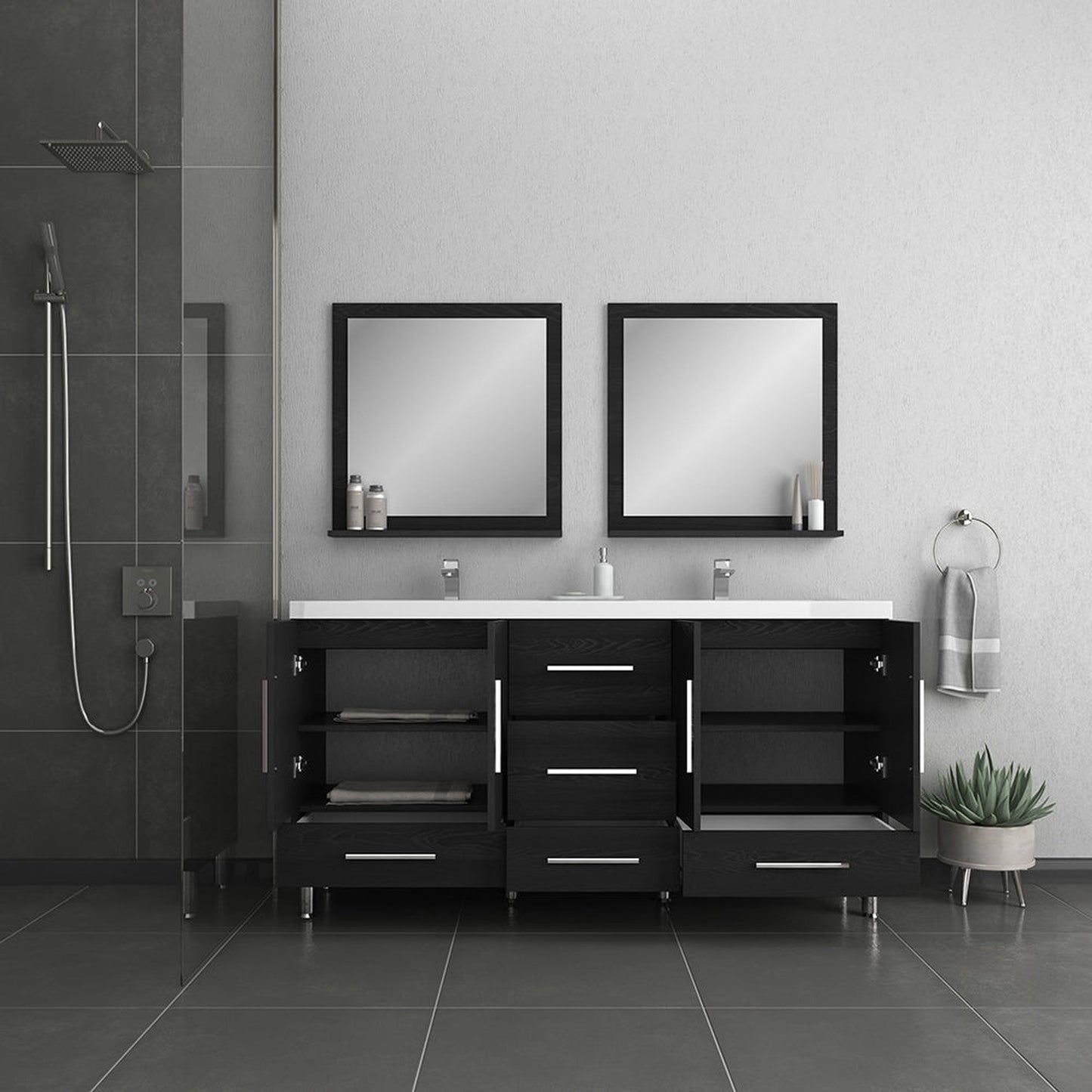 Alya Bath Ripley 67" Double Black Modern Freestanding Bathroom Vanity With Integrated Acrylic Top, Acrylic Sink and Wall Mounted Mirror