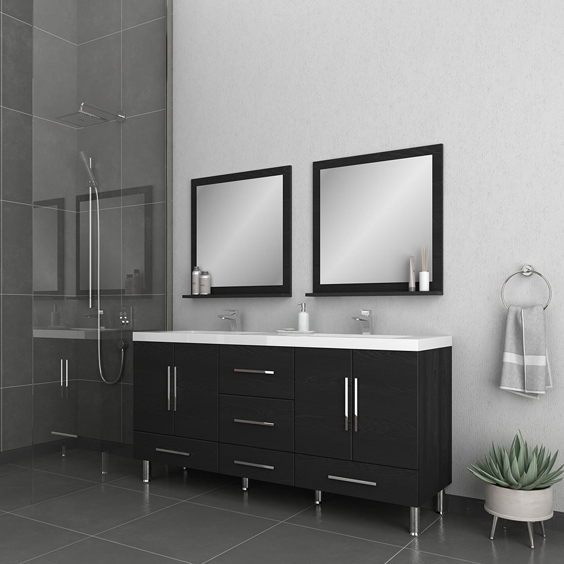 Alya Bath Ripley 67" Double Black Modern Freestanding Bathroom Vanity With Integrated Acrylic Top, Acrylic Sink and Wall Mounted Mirror