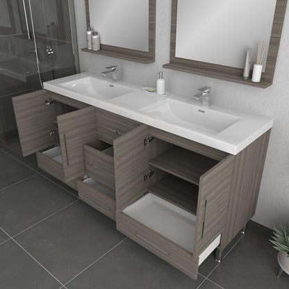 Alya Bath Ripley 67" Double Gray Modern Freestanding Bathroom Vanity With Integrated Acrylic Top, Acrylic Sink and Wall Mounted Mirror
