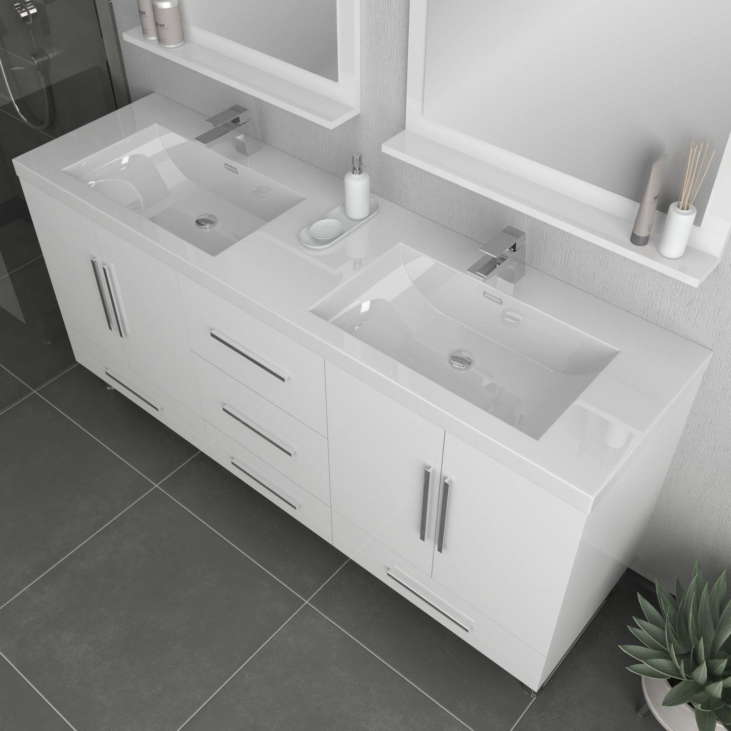 Alya Bath Ripley 67" Double White Modern Freestanding Bathroom Vanity With Integrated Acrylic Top, Acrylic Sink and Wall Mounted Mirror
