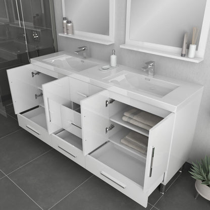 Alya Bath Ripley 67" Double White Modern Freestanding Bathroom Vanity With Integrated Acrylic Top, Acrylic Sink and Wall Mounted Mirror