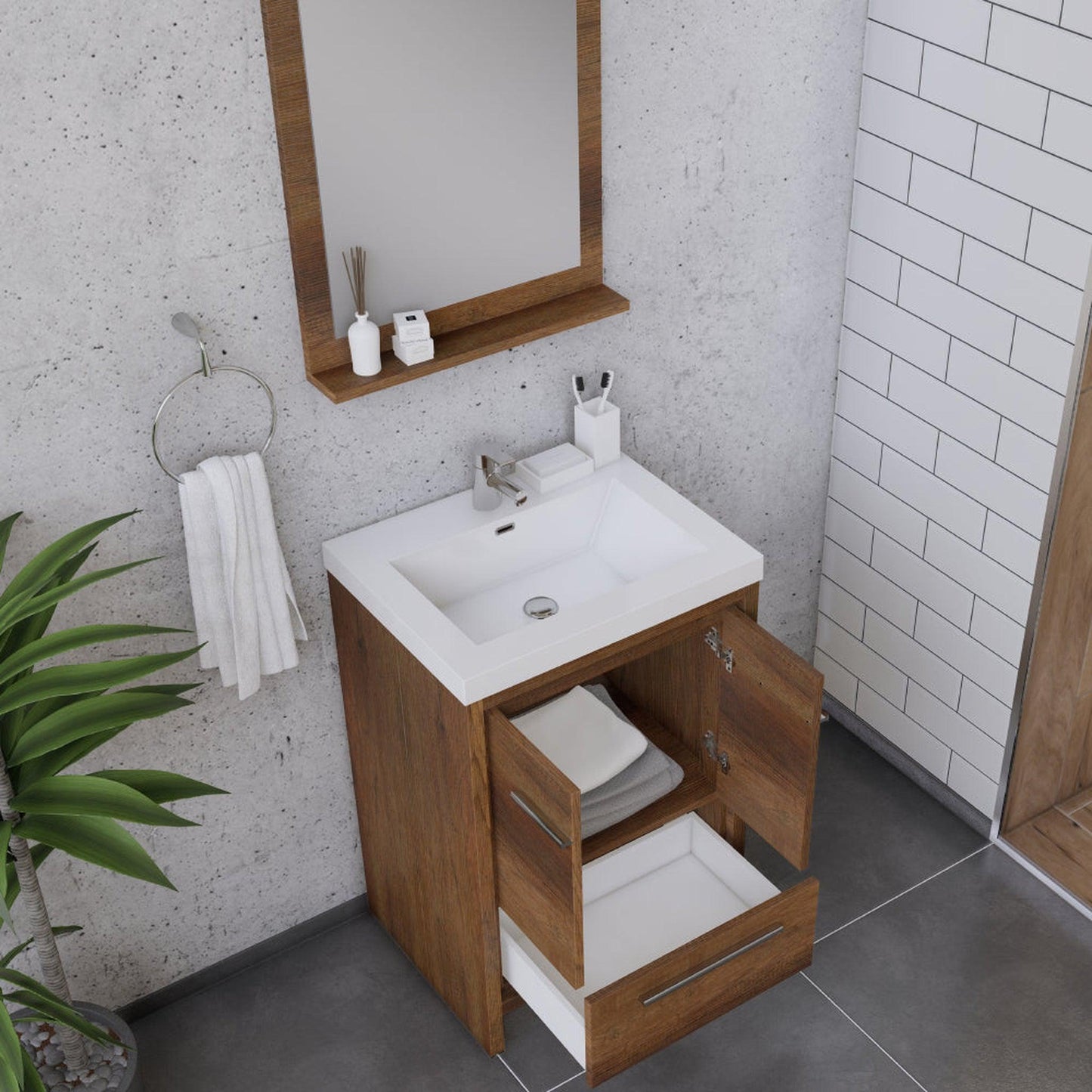 Alya Bath Sortino 24" Single Rosewood Modern Freestanding Bathroom Vanity With Acrylic Top and Integrated Sink