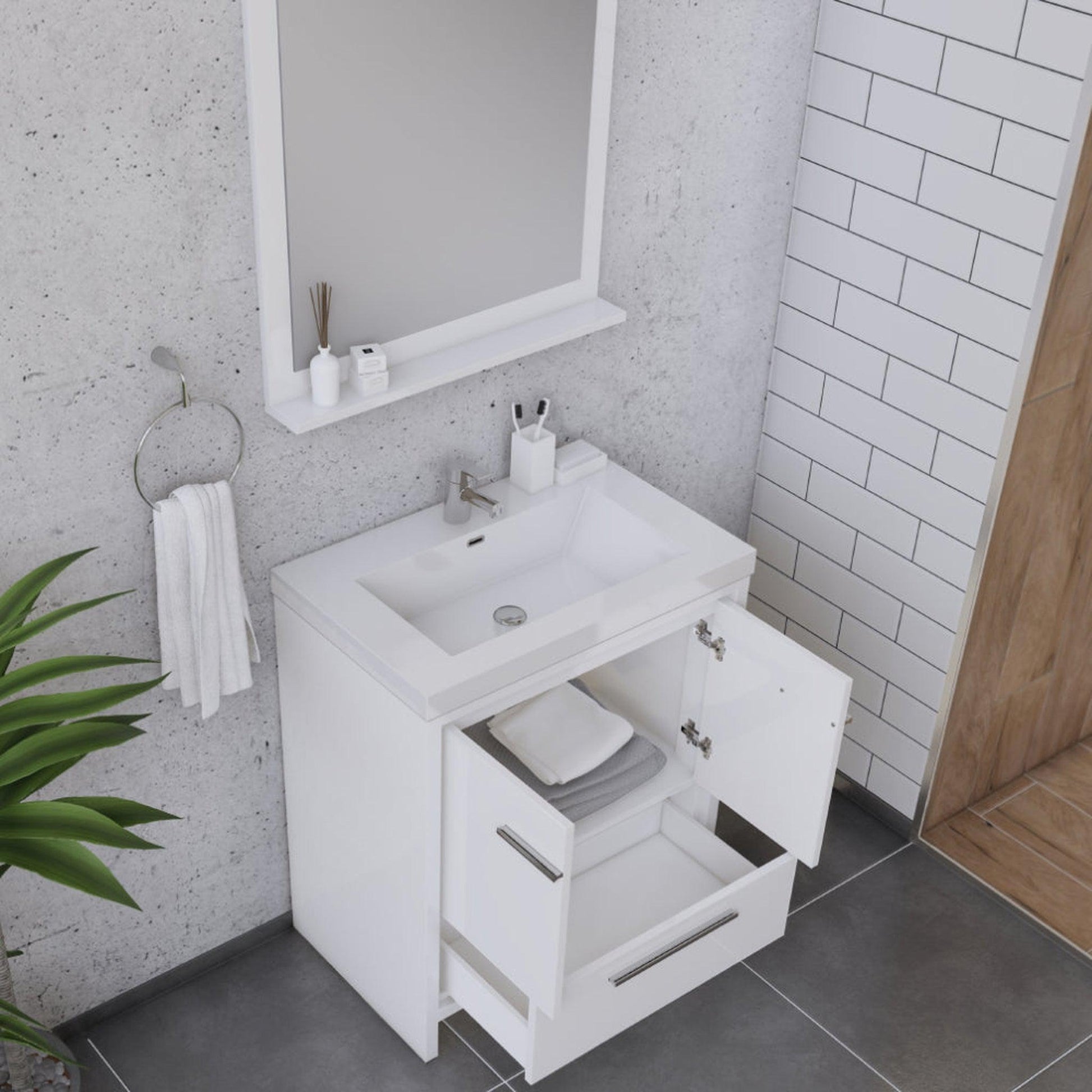 Alya Bath Sortino 30" Single White Modern Freestanding Bathroom Vanity With Acrylic Top and Integrated Sink