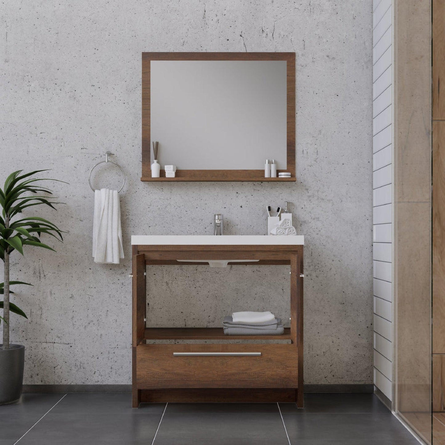 Alya Bath Sortino 36" Single Rosewood Modern Freestanding Bathroom Vanity With Acrylic Top and Integrated Sink