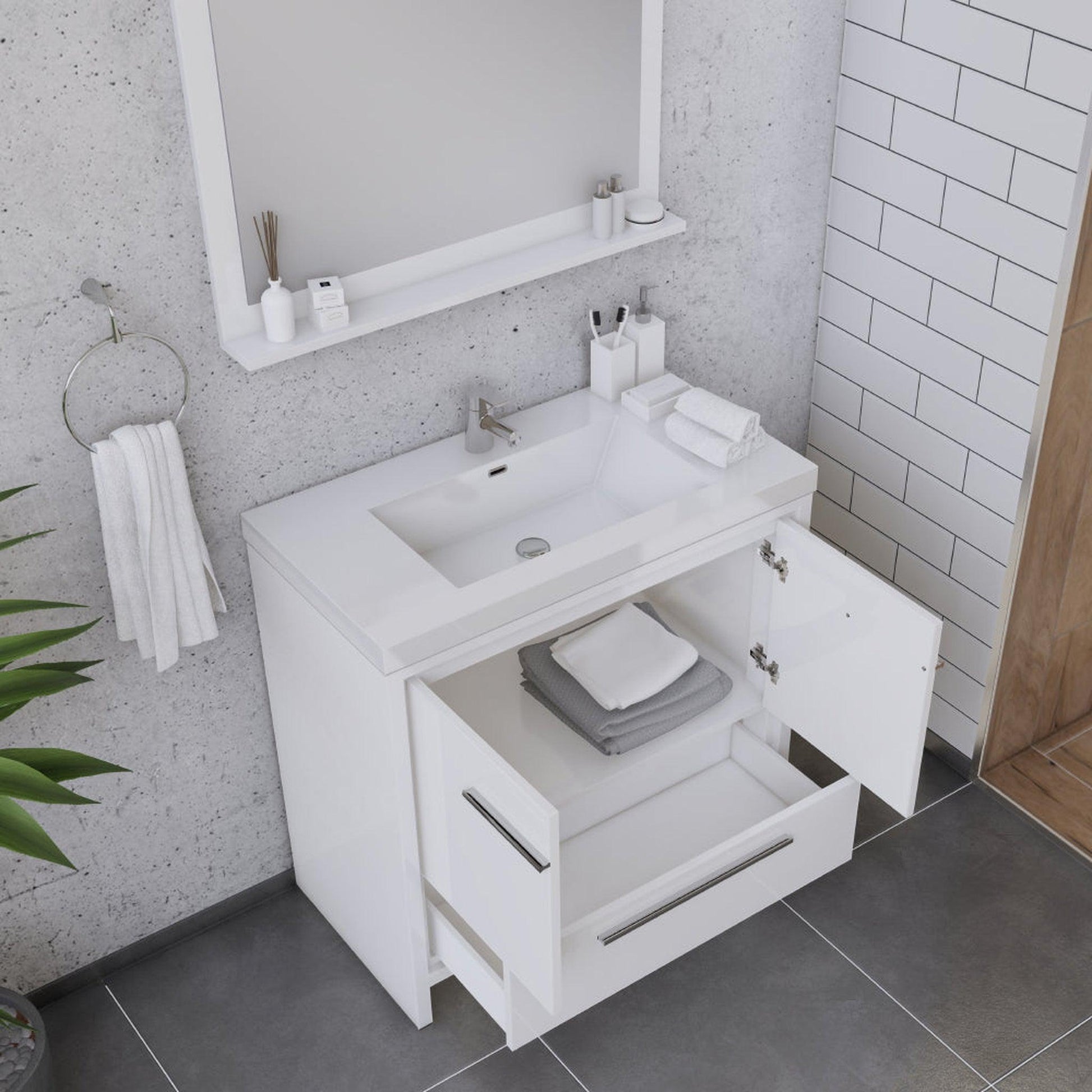 Alya Bath Sortino 36" Single White Modern Freestanding Bathroom Vanity With Acrylic Top and Integrated Sink