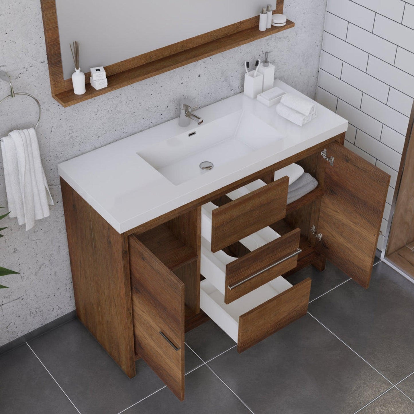 Alya Bath Sortino 48" Single Rosewood Modern Freestanding Bathroom Vanity With Acrylic Top and Integrated Sink