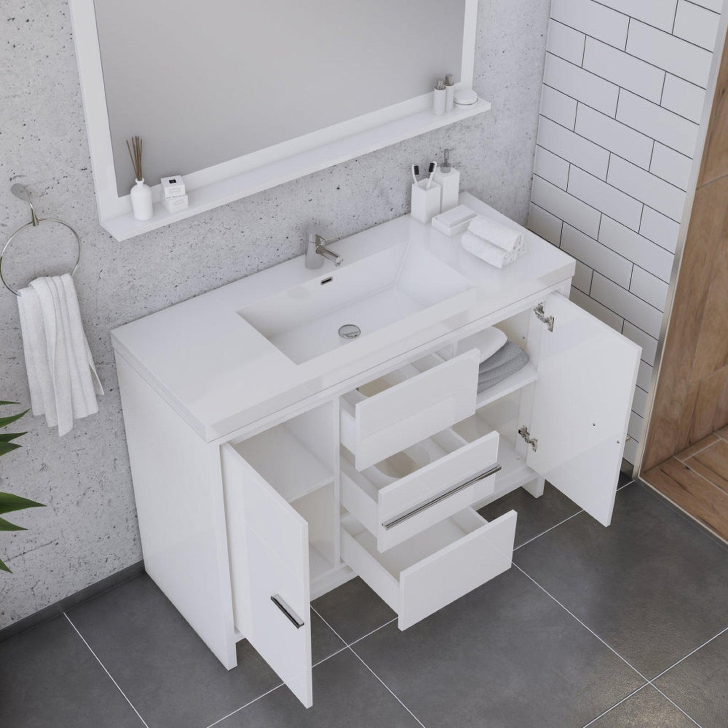 Alya Bath Sortino 48" Single White Modern Freestanding Bathroom Vanity With Acrylic Top and Integrated Sink