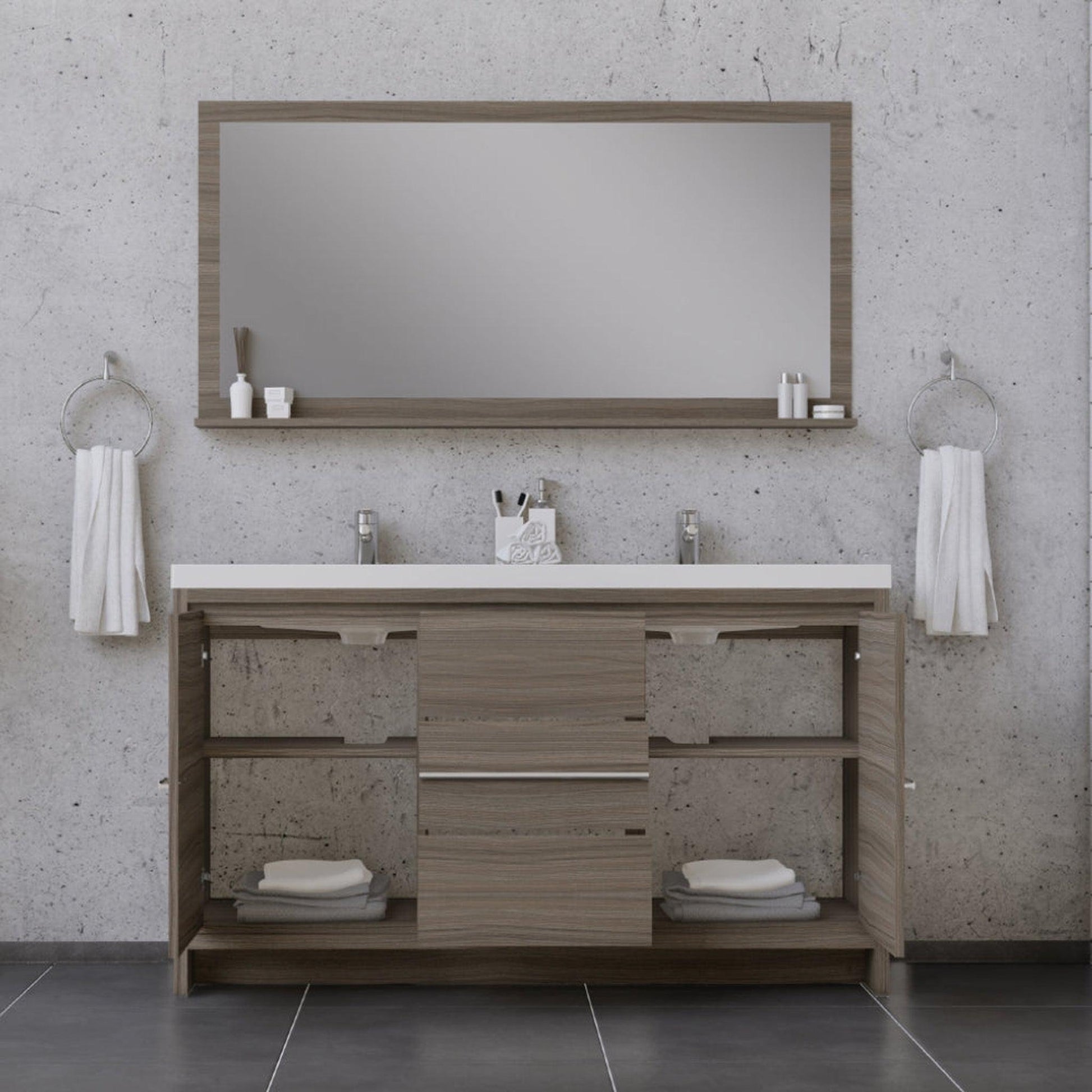 Alya Bath Sortino 60" Double Gray Modern Freestanding Bathroom Vanity With Acrylic Top and Integrated Sink